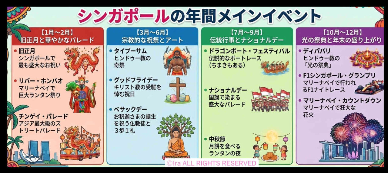 シンガポールの一年と年間メイン行事とイベントのイラストつきリストと紹介：国際島漫画 まはらじま MAHARAJIMA｜作者 Ira（アイラ）