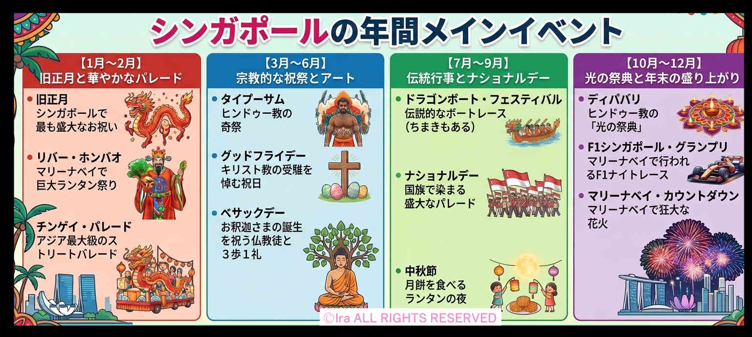 シンガポールの一年と年間メイン行事とイベントのイラストつきリストと紹介：国際島漫画 まはらじま MAHARAJIMA｜作者 Ira（アイラ）